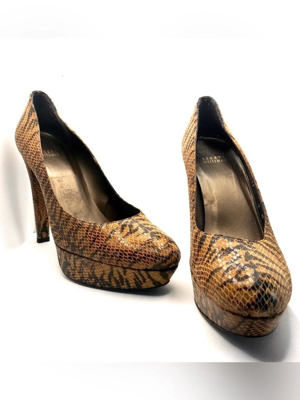 STUART WEITZMAN BROWN & BLACK LEATHER ANIMAL PRINT SNAKESKIN EMBOSSED HEELS (9)